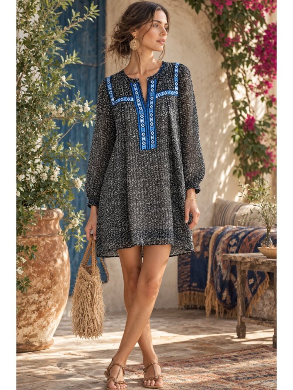 One September Black White Blue Embroidered Boho Tunic Dress M/L Sample